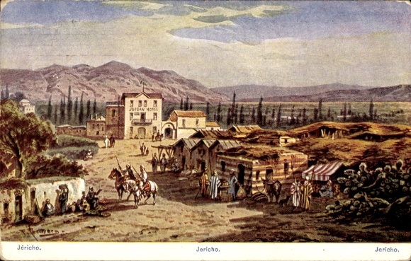 Postcard Jericho Palestine, Jordan Hotel, rider, market stalls, landscape