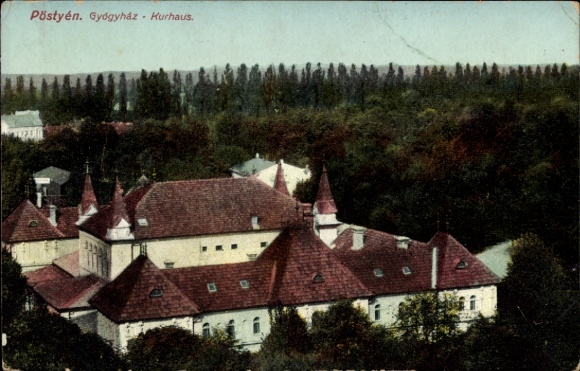 Postcard Piešťany Pistyan Pistian Pöstyen Slovakia, Gyógyház, Kurhaus, building with red roofs, surroundings