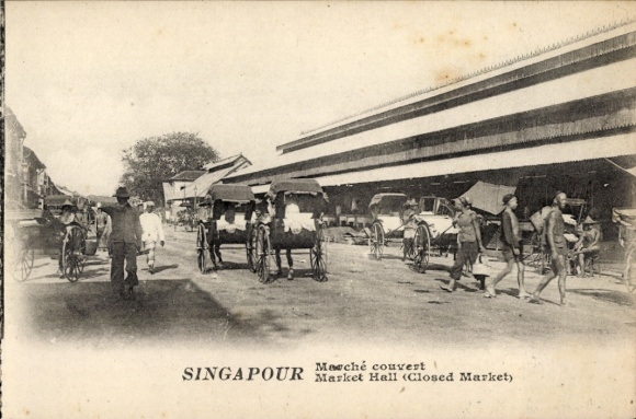 Postcard Singapore, market hall, rickshaws