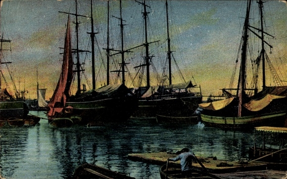 Postcard harbor party, sailboats
