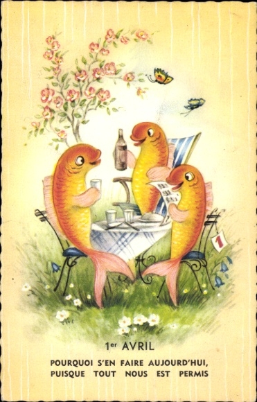 Postcard Congratulations April 1st, fish are sitting at the table