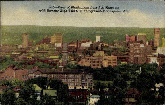 Postcard Birmingham Alabama USA, view from Red Mountain with Ramsay High School