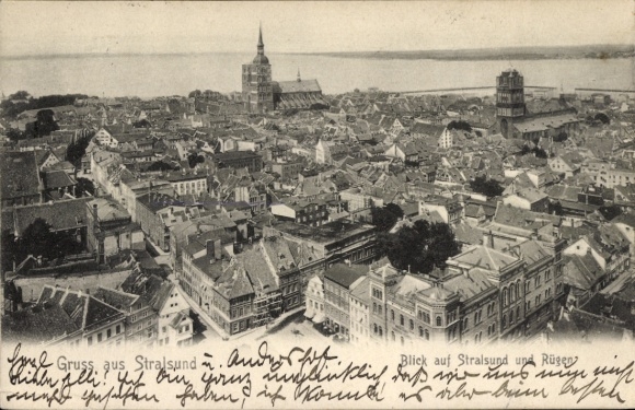 Postcard Stralsund in Western Pomerania, view of Stralsund and Rügen, cityscape,
