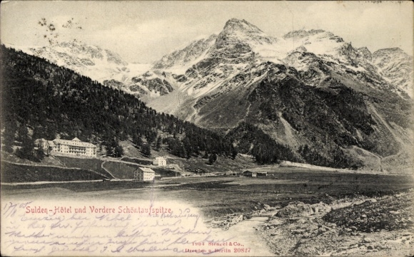 Postcard Sulden Solda Stilfs Stelvio South Tyrol, Sulden Hotel, Vordere Schöntaufspitze, mountains, landscape