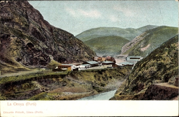 Postcard La Oroya Peru, Peru, landscape, river, mountains, buildings