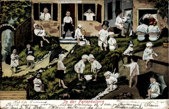 Postcard In the holiday camp, children with chamber pots, photomontage