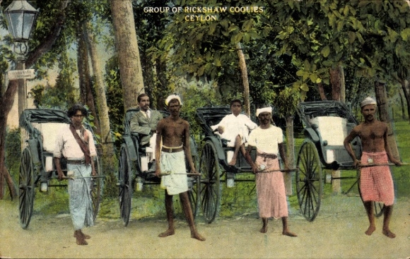 Postcard Ceylon Sri Lanka, group of Rickshaw Coolies, colorful