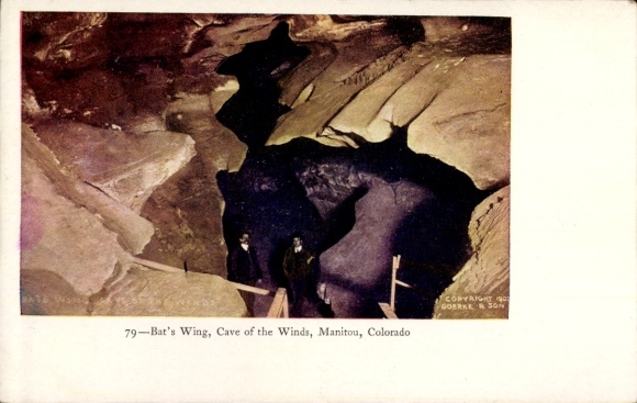 Postcard Manitou Colorado USA, Bat's Wing, Cave of the Winds, rocks, people, 1902