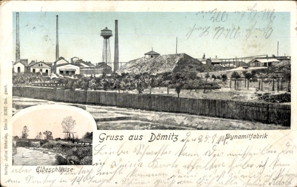 Postcard Dömitz on the Elbe Mecklenburg, dynamite factory, Elde lock
