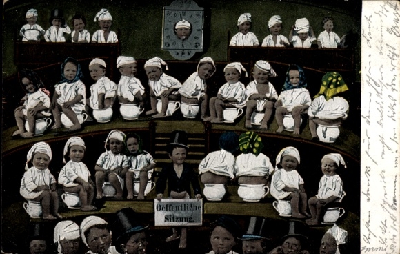 Postcard Public meeting, small children, chamber pots, photomontage
