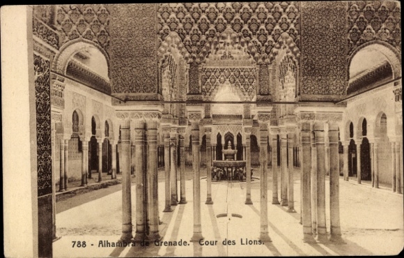 Postcard Grenada, Alhambra, Court of the Lion, Colonnade