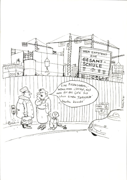 Artist Postcard Rudolph, Here a comprehensive school is being built, caricature