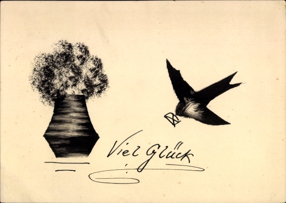 Hand-painted PC, Good luck, swallow with letter, flower vase