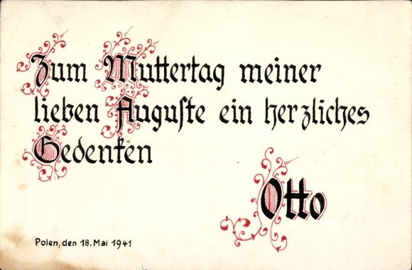 Hand-painted PC congratulations on Mother's Day from the front in Poland May 1941, from Otto to Auguste