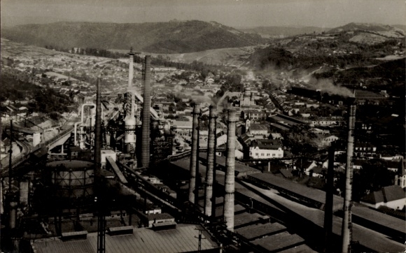 Reșița (Reschitza) Romania, industrial plant, smoking chimneys, hill, St.