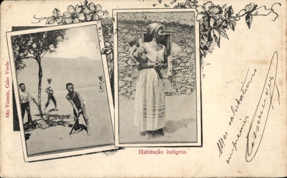 Postcard São Vicente Cabo Verde Cape Verde, Habitacao Indigena, children, woman