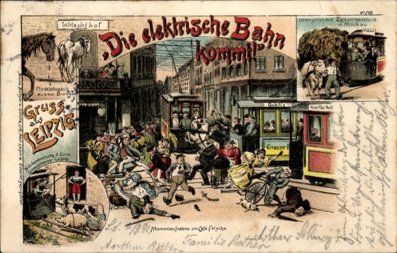 Chromo-Litho Hamburg, electric train coming, tram, traffic accident