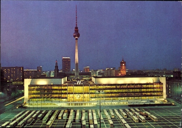 Postcard Berlin Mitte, Palace of the Republic, TV Tower, City Hall, night illumination