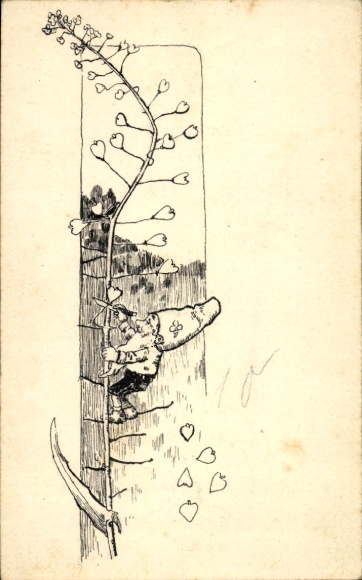 Artist Postcard Zwerg climbs up plant