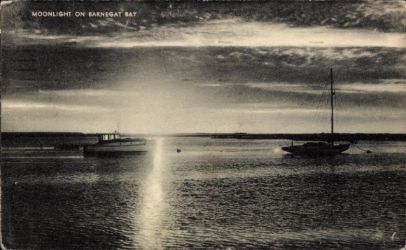 Postcard Barnegat Light New Jersey USA, Moonlight on boats on water, night shot