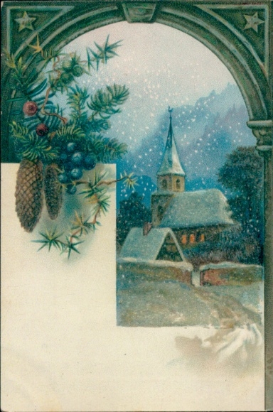 Glittering pine branches, pine cones, church