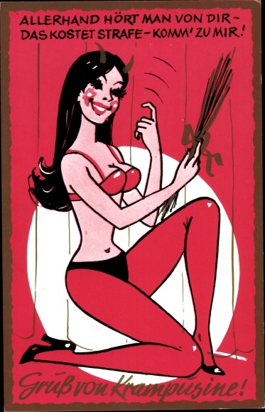 Artist PC Krampus, Krampusine, devil with tail, legs, stockings, breasts