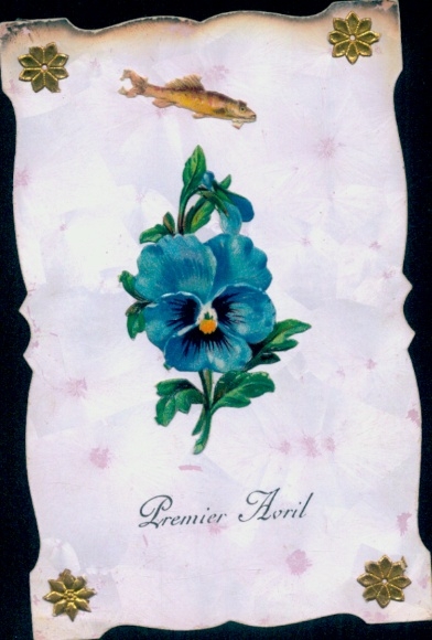 Postcard Congratulations April 1st, pansies, fish