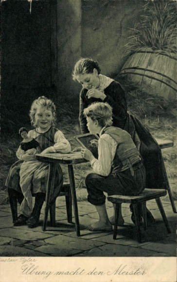 Artist Postcard Igler, Gustav, Practice makes perfect, children