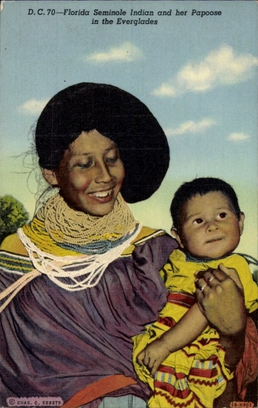Postcard Florida Seminole Indian and her Papoose in the Everglades