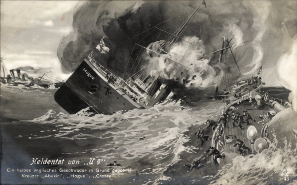 Artist's Postcard Heroic Deed of U 9, Sinking of English Cruisers Abukir, Hogue and Cressy, I. WW