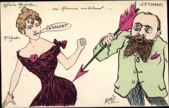 Artist Postcard Orens, Dreyfus, caricature, woman hit by arrow, Barnay