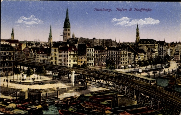 Hamburg Airport, view of the harbor and the elevated railway, boats