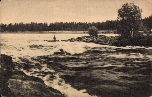 Postcard Kotka, Finland, river landscape, waves, tree, angler on a log
