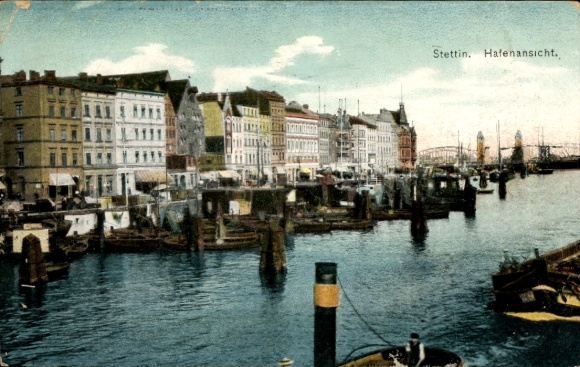 Szczecin (Stettin) Pomerania, harbor view, boats, buildings, water