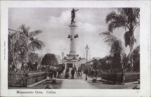 Postcard Callao Peru, Monumento Grau, statue, crowd, palm trees