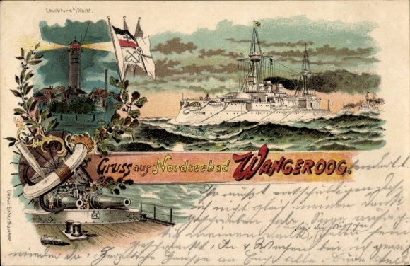 Lithograph of the North Sea resort of Wangerooge in East Frisia, lighthouse, warship
