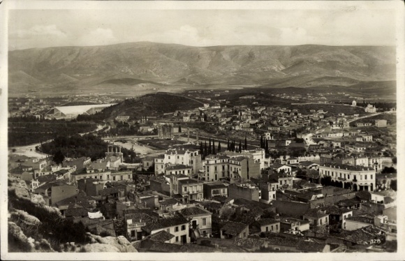 Postcard Athens Greece, panoramic view of mountains in the background, buildings