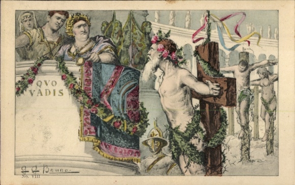 Artist Postcard Bruno, GG, Pontius Pilate in his box, Quo Vadis, Gladiator, Crucifixion of Jesus