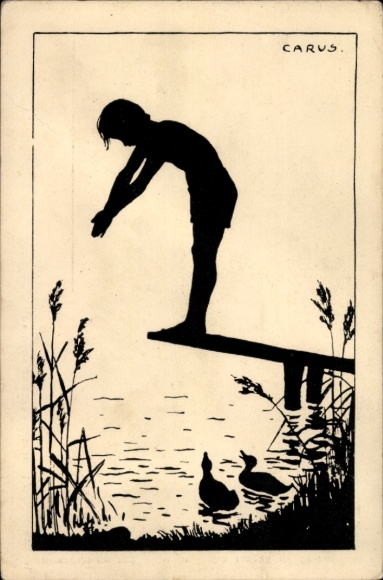 Silhouette by Postcard Carus, boy just before jumping into the water