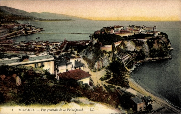 Postcard Monaco, general view of the principality, coastline, boats, mountains
