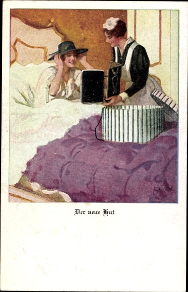 Artist Postcard The new hat, woman in bed, chambermaid