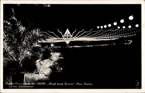 Postcard Berlin Zehlendorf Wannsee, Peacock Island, Large Summer Festivals KDF, Night Lighting