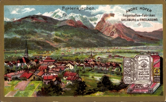 Lithograph of Garmisch-Partenkirchen in Upper Bavaria, Andre Hofer fig coffee factories, advertising