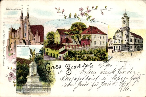 Lithograph of Świebodzin (Schwiebus), East Brandenburg: Catholic Church, Castle, War Memorial, Town Hall