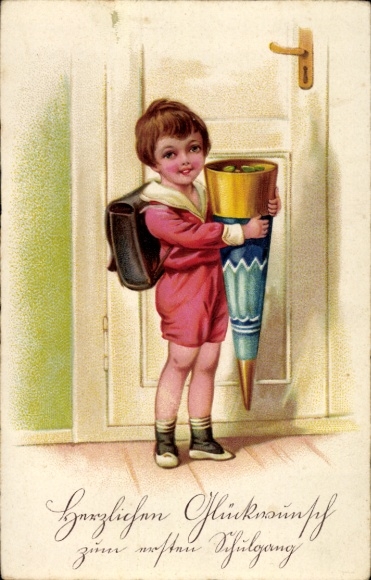 Postcard Congratulations on the first day of school, child with candy cone