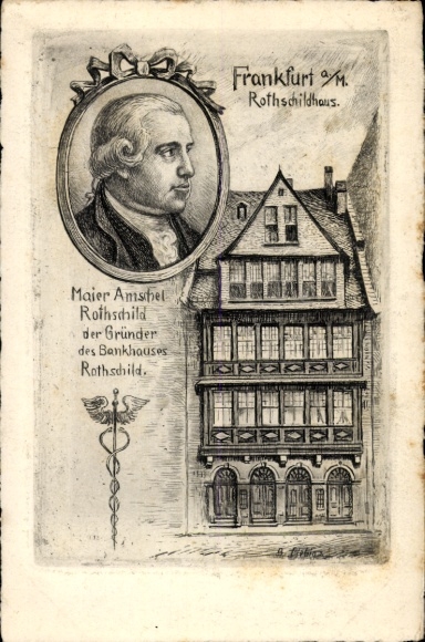 Judaika Postcard Frankfurt am Main, Rothschildhaus, Börnestrasse 26, founder Maier Amschel Rothschild