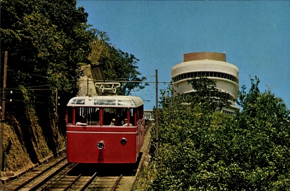 Postcard Hong Kong China, Peak Tramway, red tram, green trees, blue sky, Hong Kong