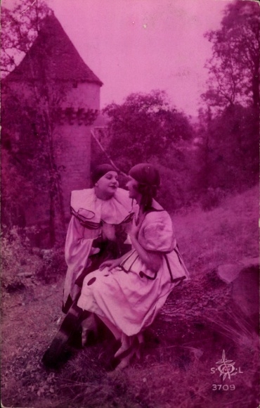 PC Pierrot, lovers, costume, castle, tower