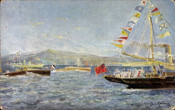 Artist Postcard Paul M..., warships on the water, flags