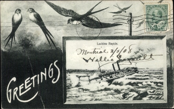 Passepartout Postcard Canada, steamer in heavy seas, swallows